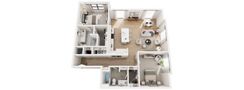 A top-down view of a modern apartment layout.