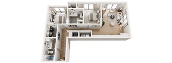 A top-down view of a small apartment with a kitchen, living room, and bathroom.