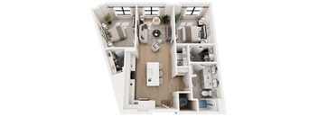 A top-down view of a modern apartment layout with a living room, kitchen, dining area, and bedrooms.