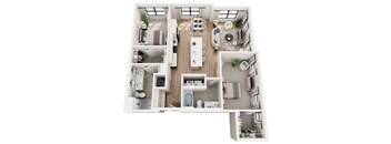 A top-down view of a modern apartment layout.