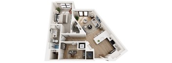 A top-down view of a well-furnished apartment layout.