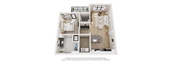 A 3D floor plan of a small apartment with a kitchen, living room, and bathroom.