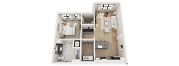 A floor plan of a modern apartment with a kitchen, living room, and bathroom.