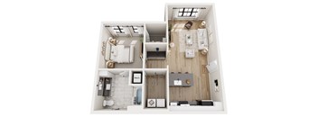 A top-down view of a modern apartment with a kitchen, living room, and bathroom.