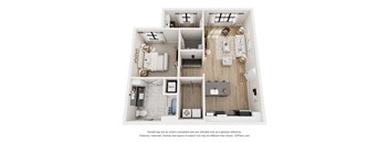 A 3D floor plan of a small apartment with a kitchen, living room, and bathroom.