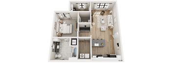 A floor plan of a small apartment with a kitchen, living room, and bathroom.