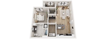 A floor plan of a house with a kitchen, living room, and bathroom.