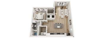 A top-down view of a modern apartment layout with a kitchen, living room, and bathroom.