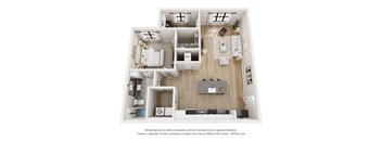 A 3D floor plan of a house with a kitchen, living room, and two bedrooms.