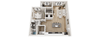 A top-down view of a modern apartment layout with a kitchen, living room, and bathroom.