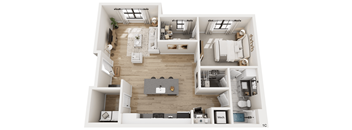 A top-down view of a modern, well-organized apartment with a kitchen, living room, and bathroom.