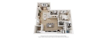 A 3D floor plan of a house with a kitchen, living room, and two bedrooms.