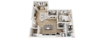 A top-down view of a modern apartment layout with a kitchen, living room, and bedrooms.