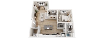 A top-down view of a modern apartment layout with a kitchen, living room, and bathroom.
