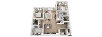 A white and wood floor plan of a two bedroom apartment.