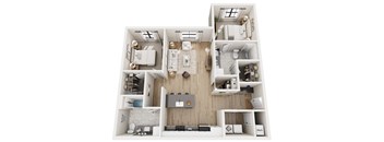 A top-down view of a small apartment layout with a kitchen, living room, and bathroom.