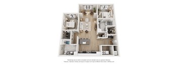A 3D floor plan of a house with a kitchen, living room, dining room, and bedrooms.
