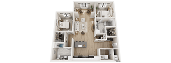 A floor plan of a house with a kitchen, living room, and bathrooms.