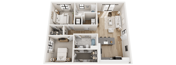 A floor plan of a small apartment with a kitchen, living room, and bathroom.