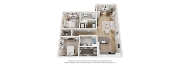 A 3D floor plan of a house with multiple rooms.
