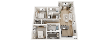 A 3D floor plan of a two-bedroom, two-bathroom apartment.