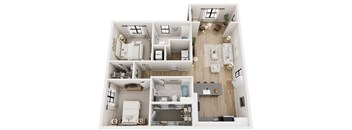 A top-down view of a modern apartment layout with labeled rooms.