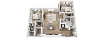 A 3D floor plan of a house with labeled rooms.