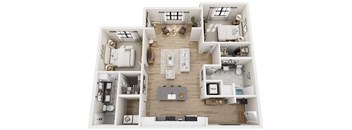 A top-down view of a house layout with a kitchen, living room, and bedrooms.
