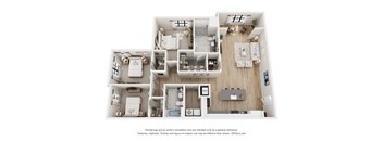 A 3D floor plan of a house with multiple rooms.
