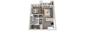A 3D floor plan of a small apartment with a kitchen, living room, and bathroom.