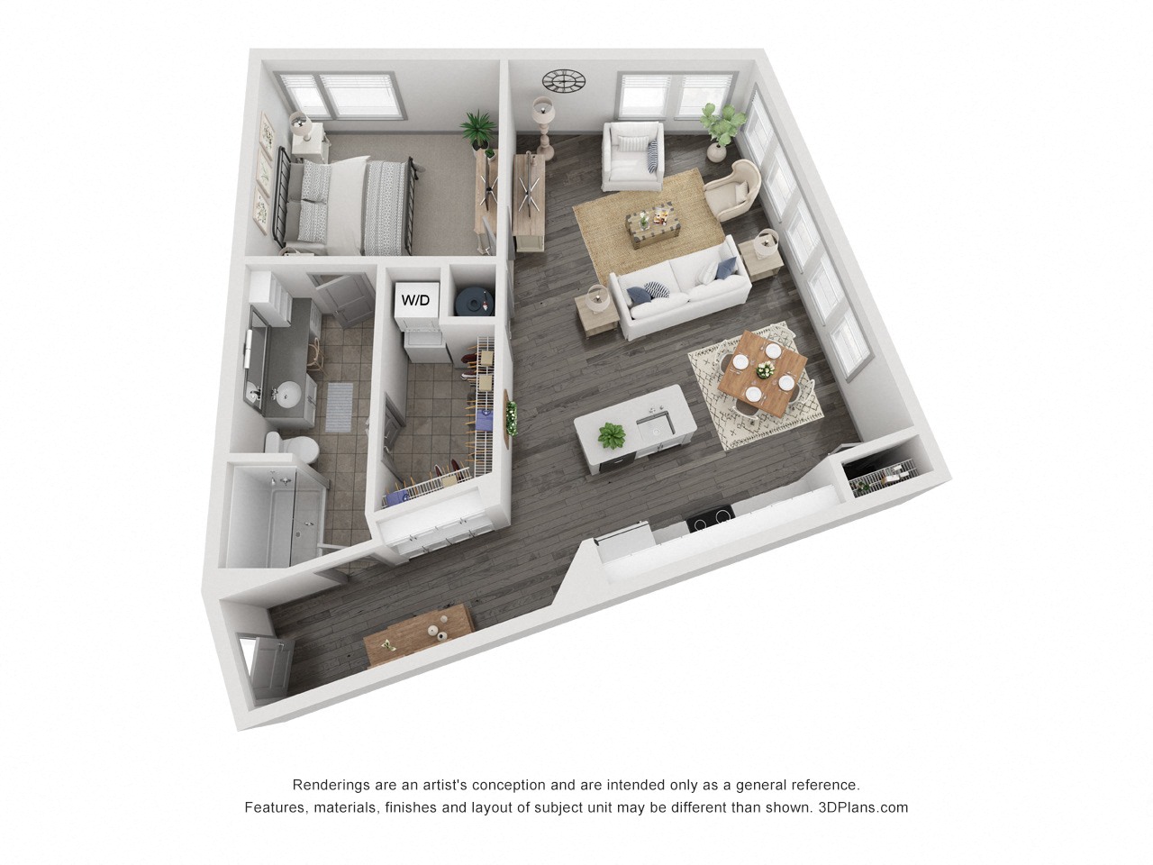 a stylized floor plan with a bedroom and living room