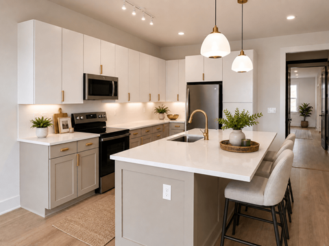 A modern kitchen with a white island and a black refrigerator.