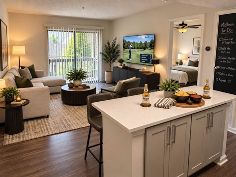 A modern living room with a television, a dining table, and a kitchenette.