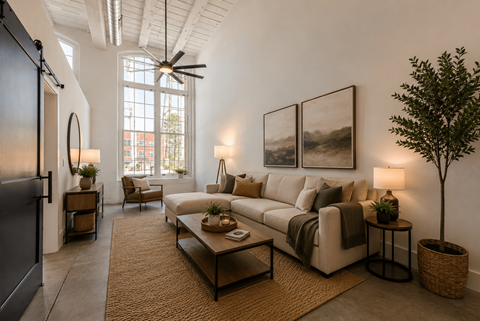 A living room with a couch, a chair, a table, and a potted plant.