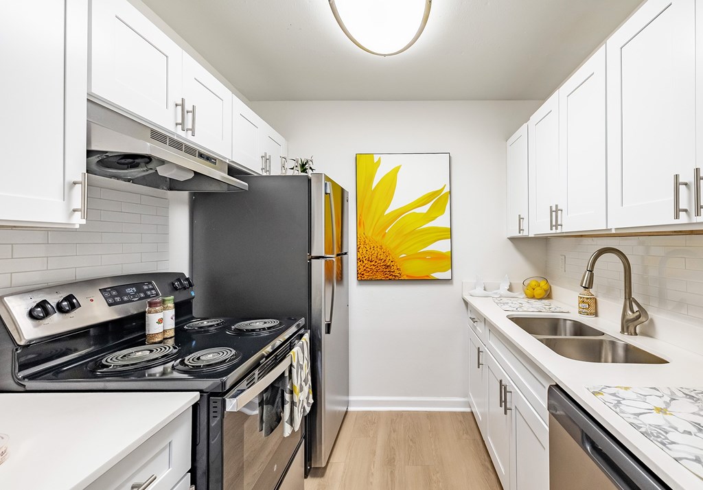 A kitchen with a black refrigerator and a yellow painting on the wall at Waterview at Rocky Point, Tampa, FL