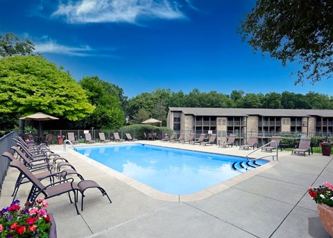 A pool surrounded by chairs and trees at Winchell Way Apartment , Kalamazoo, 49008