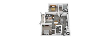 A top-down view of a house layout with multiple rooms and furniture.