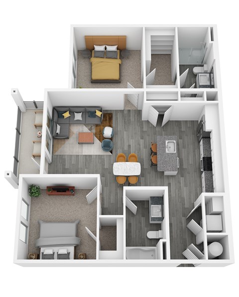 A top-down view of a house layout with multiple rooms and furniture.
