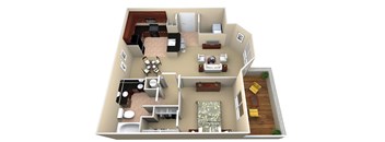 A 3D floor plan of a house with a living room, kitchen, dining room, and bedrooms.