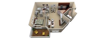 A 3D floor plan of a house with a living room, kitchen, dining room, and bedrooms.