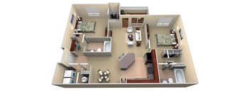 A 3D floor plan of a house with a kitchen, living room, and bathroom.
