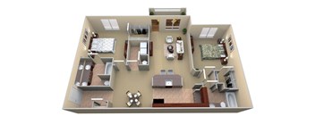 A 3D floor plan of a house with a kitchen, living room, and two bedrooms.