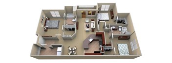 A 3D floor plan of a house with multiple rooms and furniture.