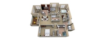 A 3D floor plan of a house with multiple rooms and furniture.