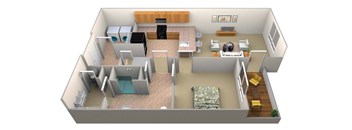 A 3D rendered image of a house layout.