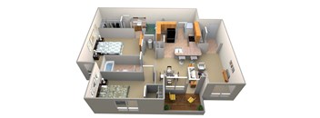 A 3D rendered image of a small apartment layout.