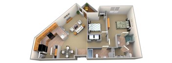 A 3D rendered image of a house layout.