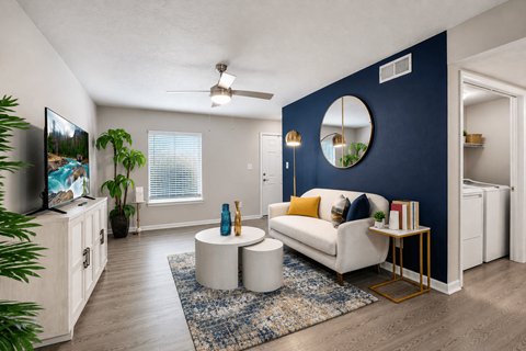 A living room with a white couch and a blue rug.