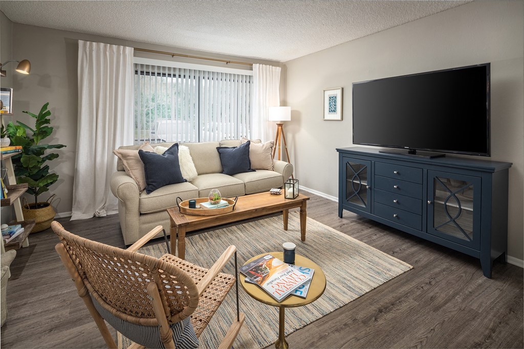 a living room with a couch coffee table and chairs and a tv on a blue dresser at Waterview at Rocky Point, Tampa, 33634