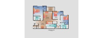 A floor plan of a 3 bedroom 2 bath apartment.